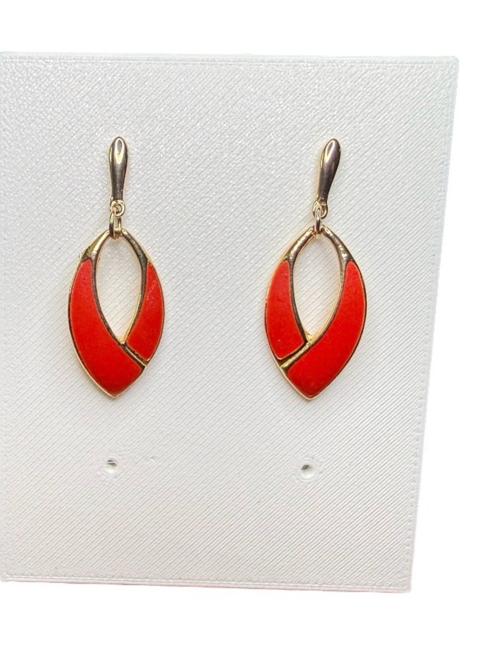 Vintage 1980s Red Enamel Gold Tone Geometric Dangle Drop Post Earrings